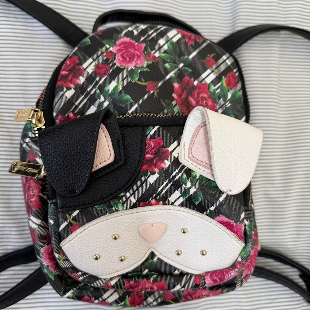 Betsey Johnson Black White French Bull Dog Mini Backpack Roses Plaid